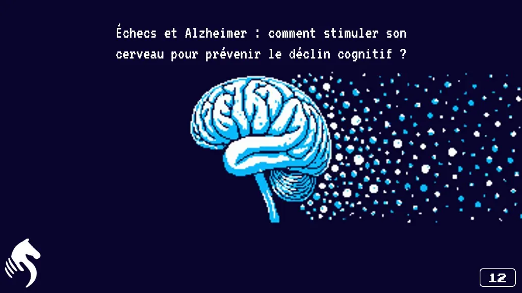 Vignette pixel art : cerveau en pixels dont une partie se dissipe, titre sur les échecs et la prévention du déclin cognitif