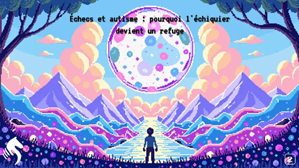 Illustration pixel art : silhouette au bord d’un chemin, ciel aux nuages pastel et sphère colorée ; titre « Échecs et autisme : pourquoi l'échiquier devient un refuge » en surimpression.