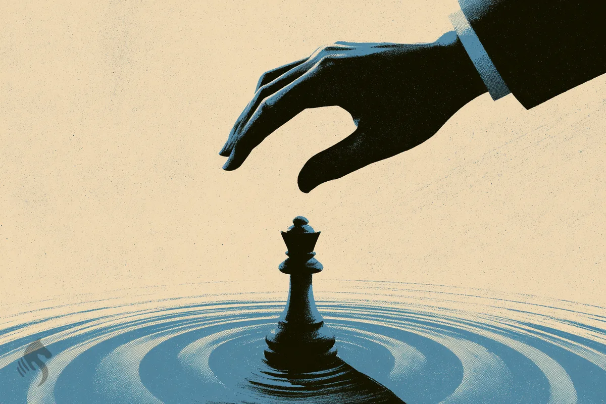 Une main en suspension au-dessus d'une pièce d'échecs, d'où partent de larges ondes concentriques.