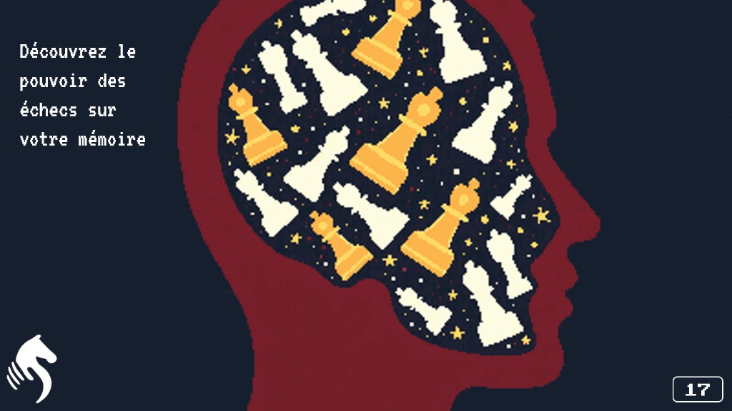 Illustration pixel art : profil de tête rempli de pièces d’échecs et d’étoiles sur fond bleu nuit ; texte « Découvrez le pouvoir des échecs sur votre mémoire » à gauche.