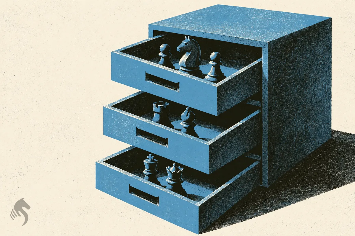 Des pièces d’échecs regroupées dans les tiroirs ouverts d’un meuble bleu, sur papier crème.