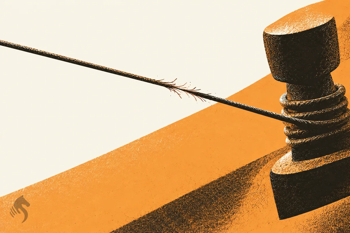 Une corde tendue à l'extrême en diagonale, la cheville d'accord sur le point de céder.