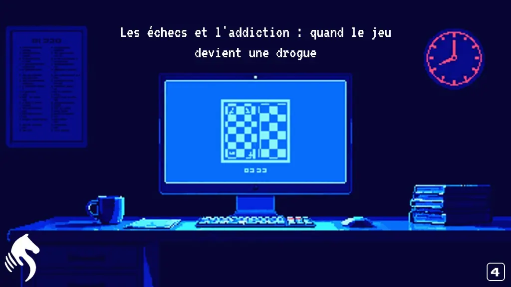 Vignette pixel art : bureau la nuit, écran montrant un échiquier, titre sur l’addiction aux échecs