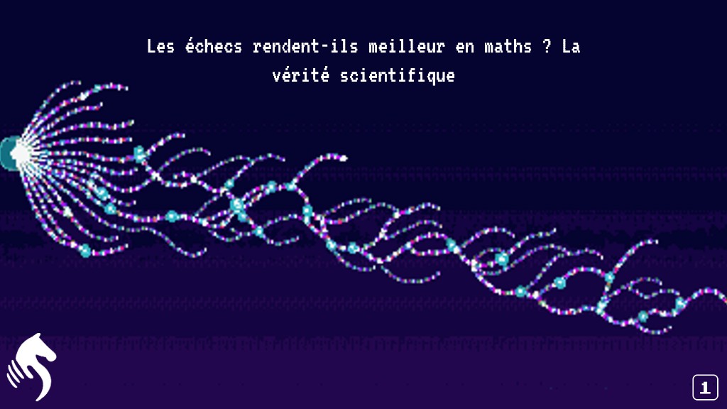 Vignette pixel art : motif neural lumineux sur fond violet, titre échecs et mathématiques