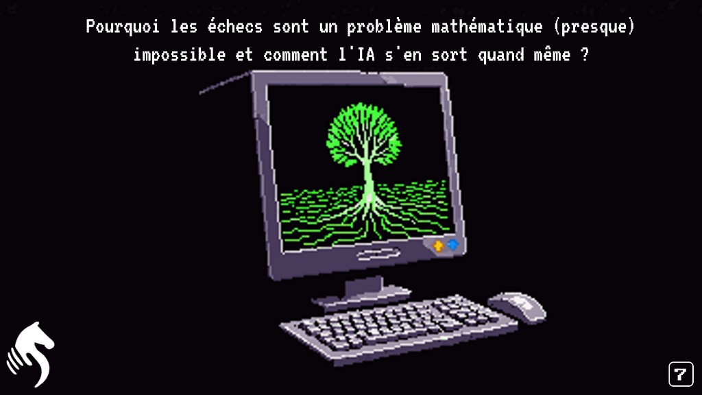 Vignette pixel art : ordinateur rétro, écran avec arbre de décision lumineux, titre sur la complexité mathématique des échecs et l’IA