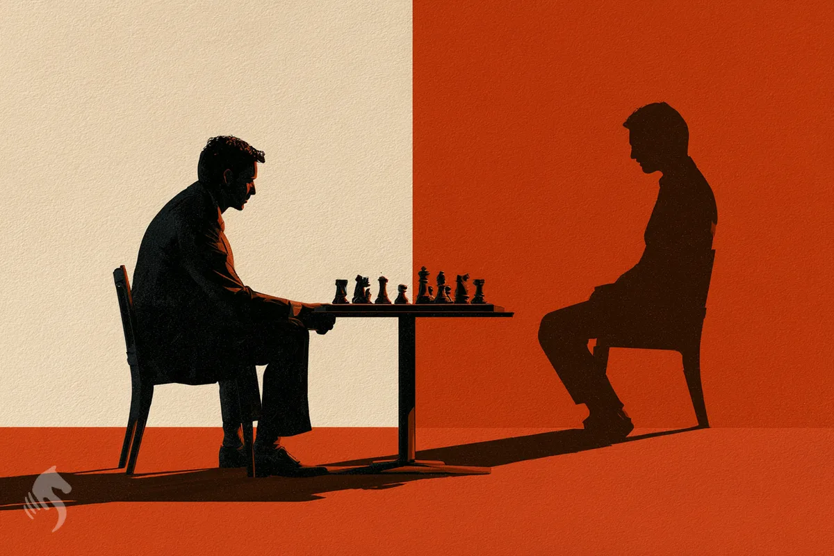 Une silhouette assise de profil faisant face à son ombre redressée comme un adversaire.