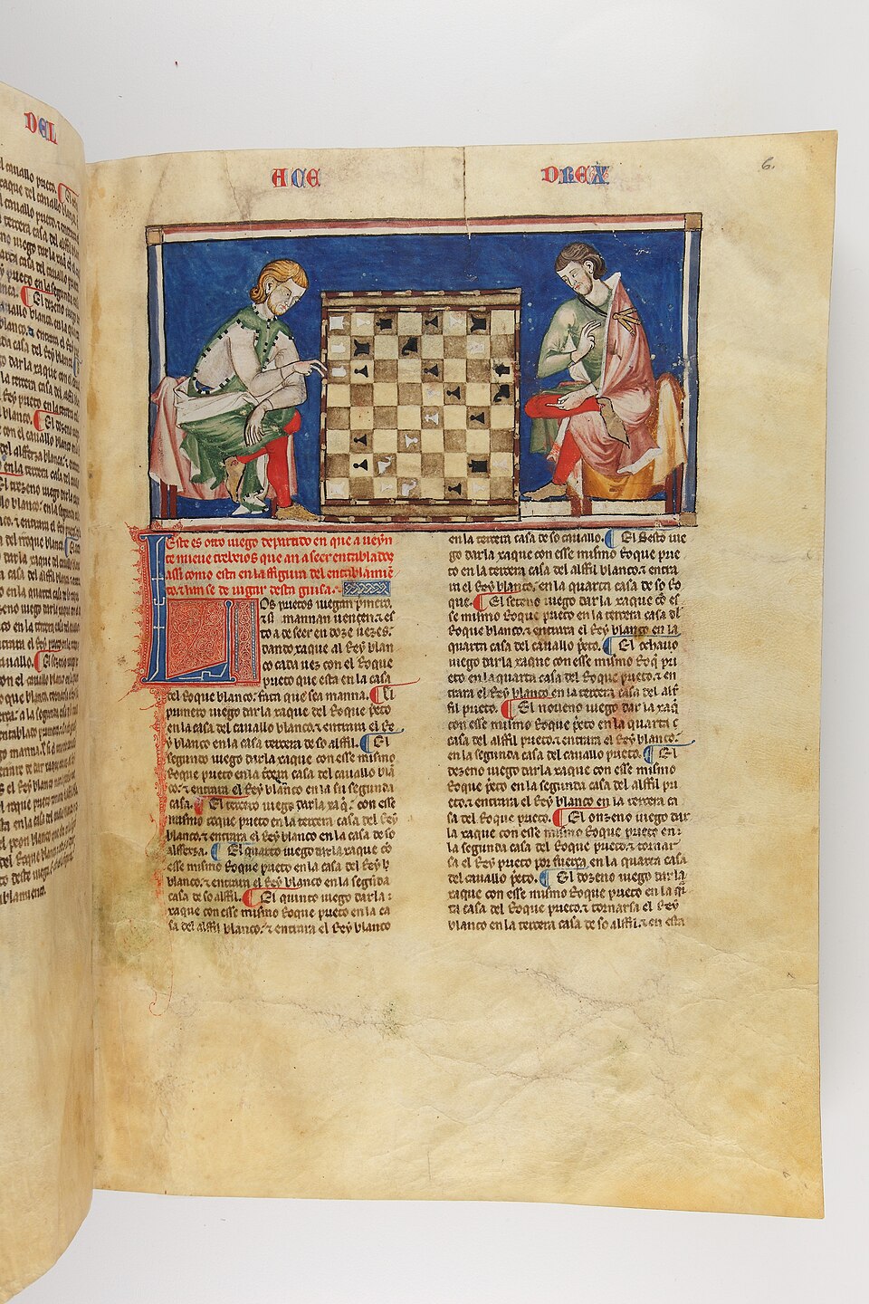 Enluminure médiévale de deux joueurs d'échecs, tirée du Libro de los juegos (1283).