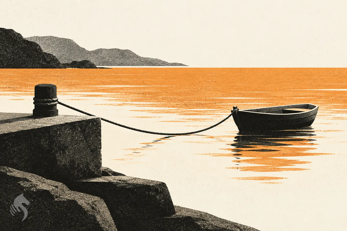 Une petite barque reste reliée au quai par une longue corde souple.